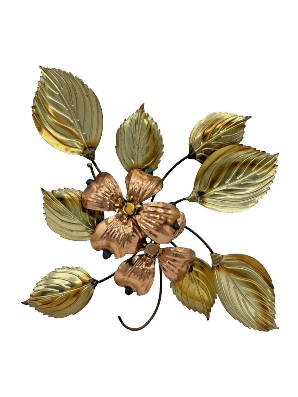 Vintage Copper Brass Dogwood Flower Metal Wall Art 1970s Botanical Decor Retro